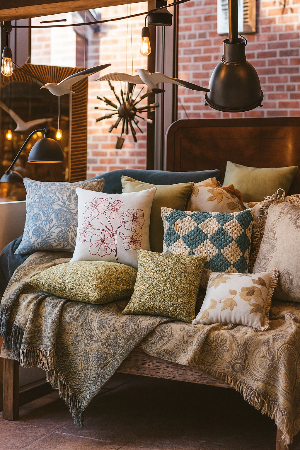 Cozy living room with a sofa and bed adorned with Sanam Home's patterned cushions and throws, against a brick wall.